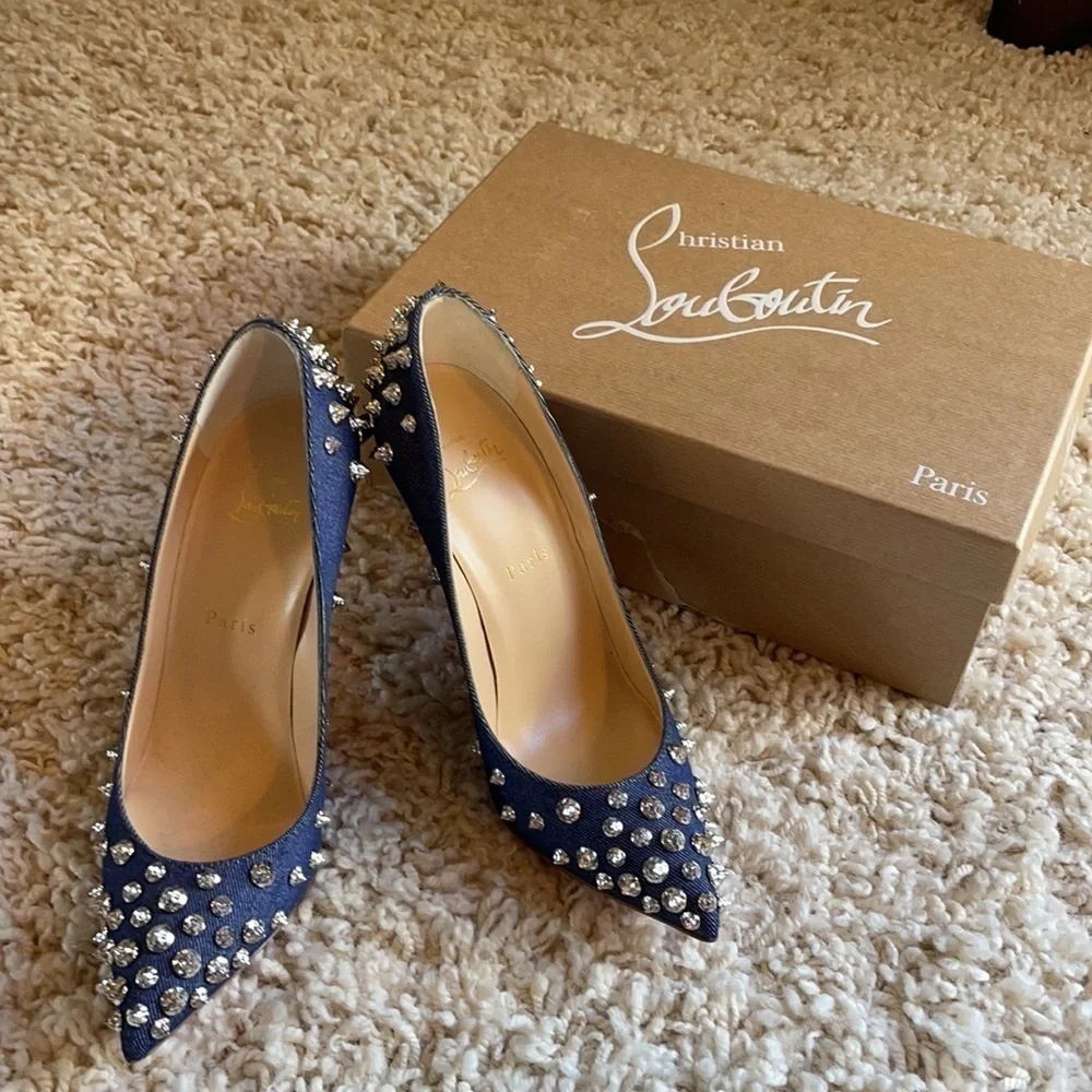 Louboutin Aimantaclou Studded Blue Denim Pumps Heels Size 39